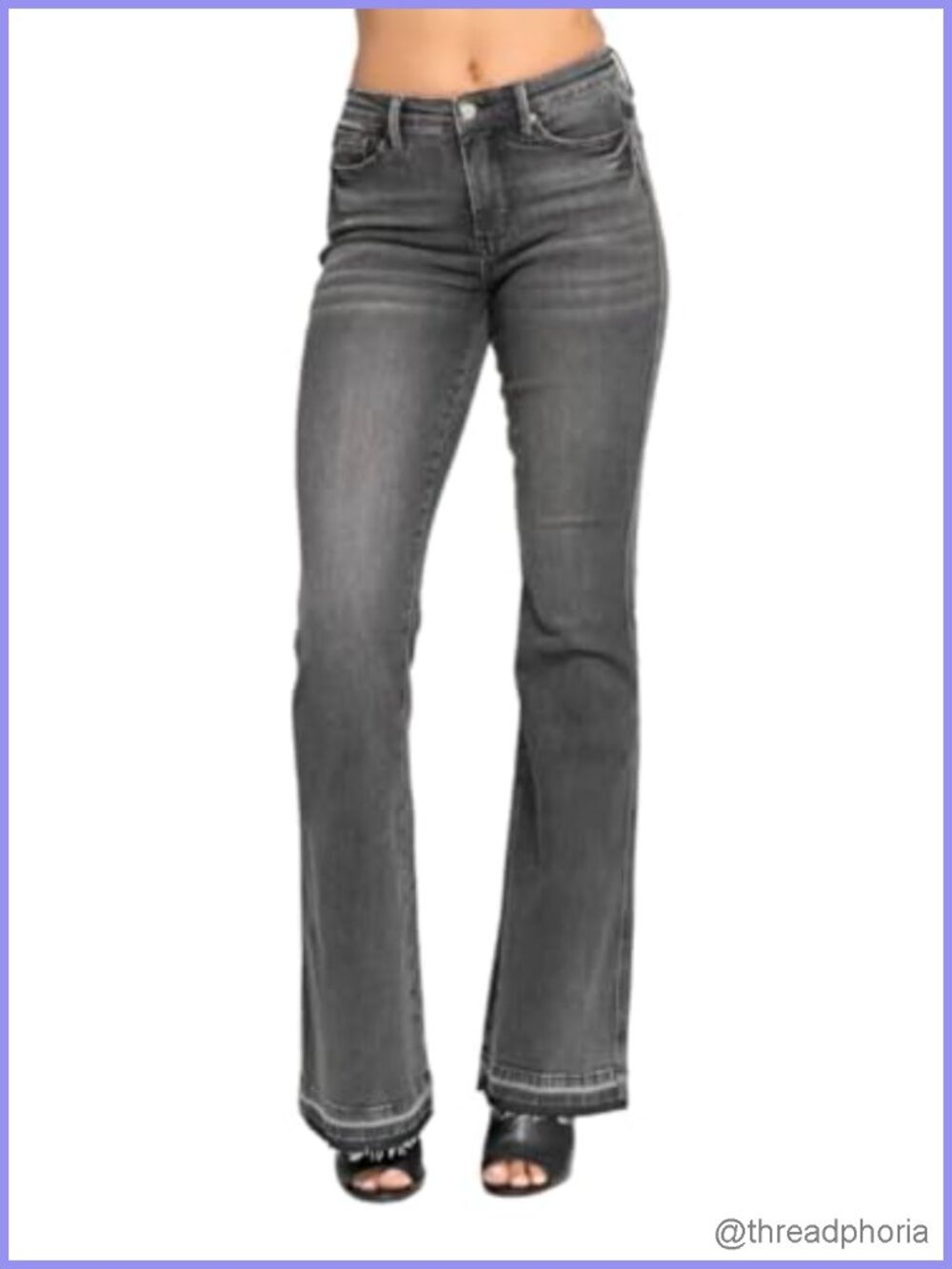 Mid Rise Tummy Control Washed Gray Release Hem Flare Jeans